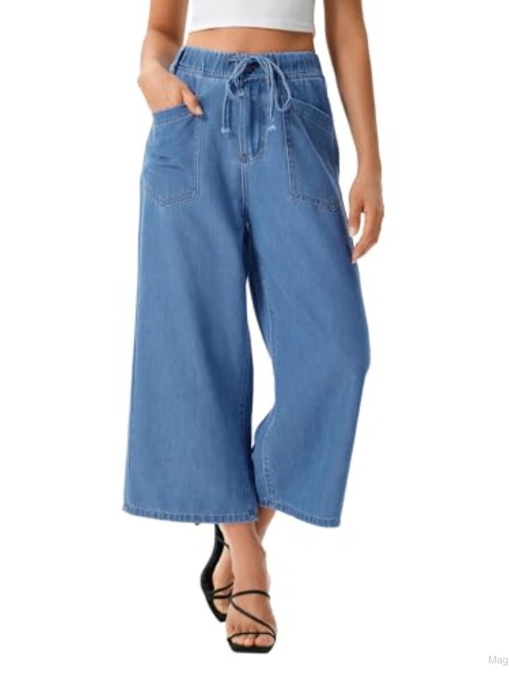 Women's Capri Jeans Stretchy Wide Leg Culottes with Pockets
